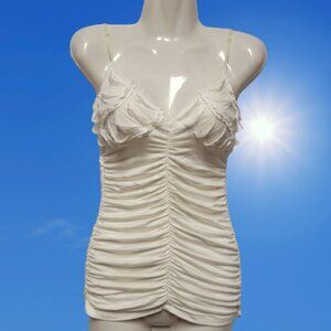 White Dress, Stretchy Ruched Dress, Spaghetti Strap Dress- Size M - NEW